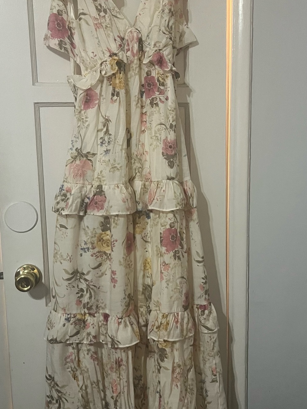 Francesca's Collections Cream Maxi Dress with Pink & Yellow Floral Print